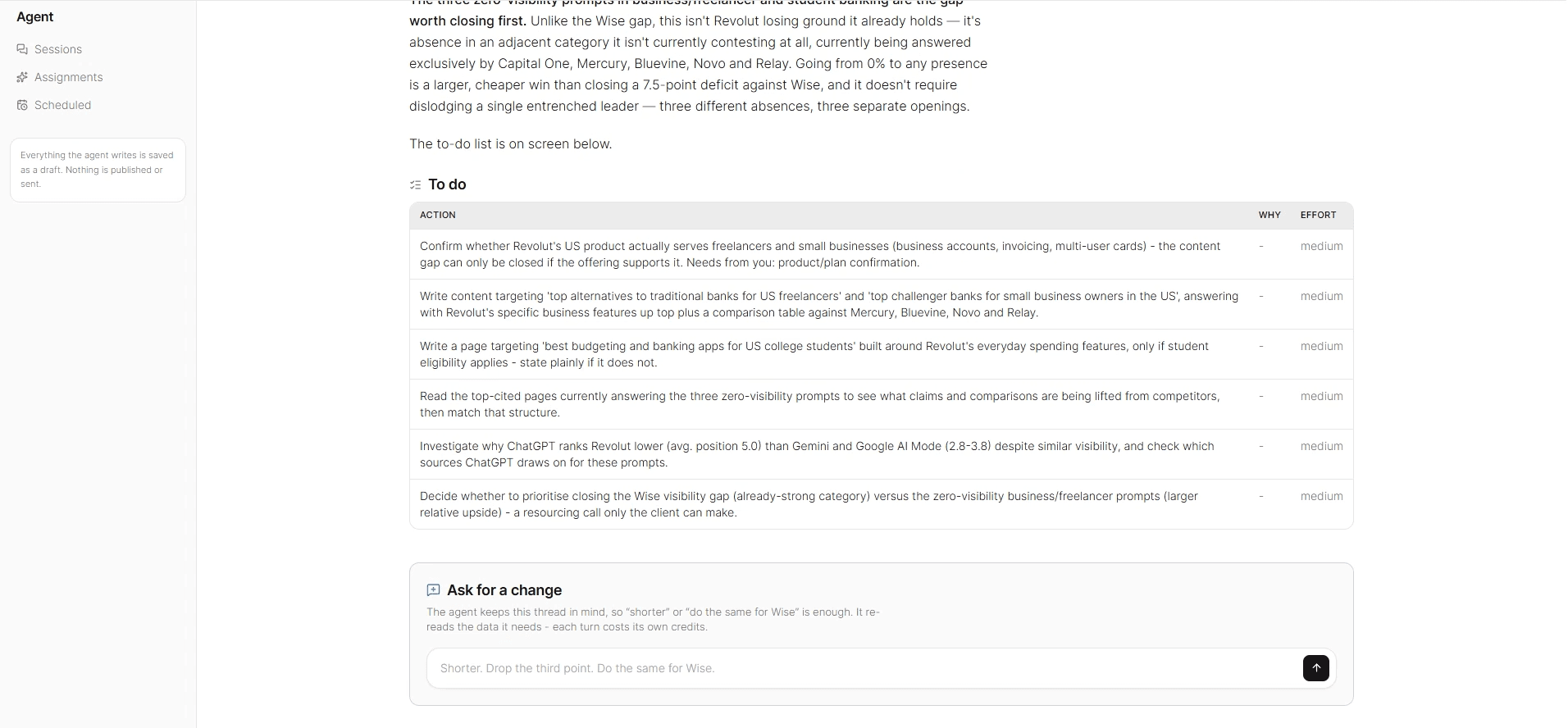 The to-do list closing an agent session, with an Ask for a change field underneath